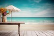 © Frame Fusion - Seaside Serenity Rustic Table with Beachy Backdrop montage photo for product advertisement display nature background, Generative AI
