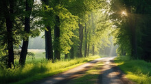 Single Lane Rural Gravel Road Through The Tall Green Linden Trees. Sunlight Flowing Through The Tree Trunks. Fairy Forest Scene. Art, Hope, Heaven, Wilderness, Loneliness, Pure Nature Concepts