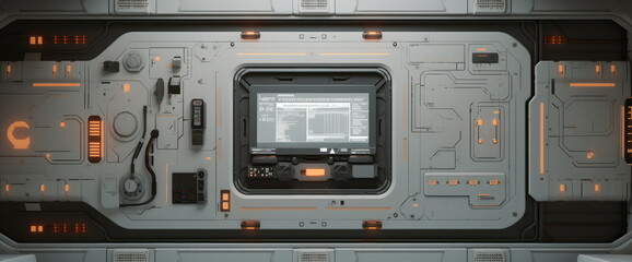 scifi cyber space age material multifunctional background wall . wide format panel design. white gal