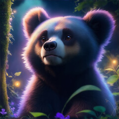 Wall Mural - Cartoon Spectacled Bear sit with flower in dreamy at night time. Generative AI.