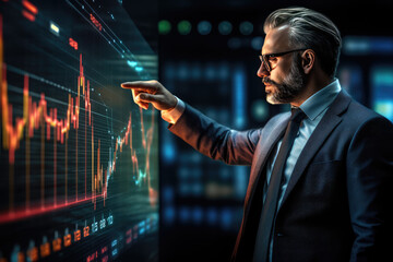 Economy growth financial data concept and investment market profit, Businessman pointing finger to growth success finance business chart and Analyzing sales data, Stock market, Strategy and planning.