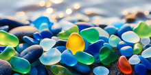 Colourful Glass Pebbles On A Beach. Polished Textured Sea Glass And Stones On The Seashore. Green, Blue Shiny Glass With Multi-coloured Sea Pebbles Close-up. Beach Summer Background