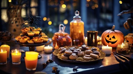 ハロウィンのお菓子、テーブルに置かれた子供用ハロウィーンスイーツ