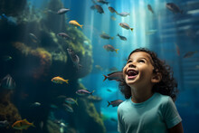 Happy Young Child In Public Aquarium Watching The Fish
