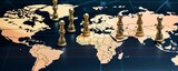Fototapeta  - concept of geopolitics or worldwide economy. chess figures placed on map banner, Generative AI