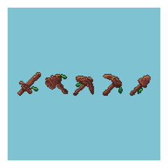 Poster - Pixel art sets of wooden with leaf tools items asset on pixelated style.8bits perfect for game asset or design asset element for your game design asset.