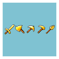 Poster - Pixel art sets of golden  tools items asset on pixelated style.8bits perfect for game asset or design asset element for your game design asset.