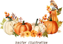 Pumpkins Flowers Maple Leaves With Birds Background Watercolor Vector Illustration