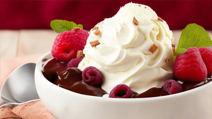 Full shot of gourmet ice cream sundae chocolate and raspberry. G