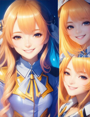 Sticker - Multiple pose of 3D girl Smiling happy adult girl collage photography. Generative AI.