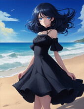 A Girl With A Blue Eyes And A Black Dress Stands On A Beach. Generative AI.