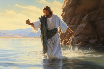 Wall Mural - Waters of Transcendence: Jesus' Majestic Appearance as He Steps Out of the Water
