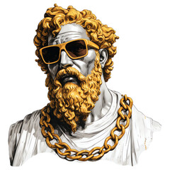 Sticker - Greek statue with gold chain, sunglasses and hair isolated on transparent background. Generative AI