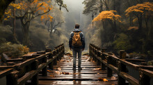 A Person Walking On A Wooden Bridge Across A River