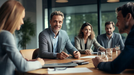 Wall Mural - Collaborative Office Environment: Business People Working Together on Company Initiatives
