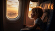 Side view of calm kid sitting on chair looking out the windows in plane