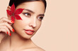 © Oleg Gekman - Portrait of beautiful young woman with autumn leafs. Healthy clean fresh skin natural make up beauty eyes and red nails