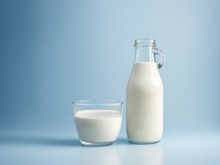 Wall Mural - Bottle and glass of tasty milk on light table