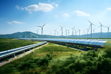 Wall Mural - A hydrogen pipeline with wind turbines and in the background. Green hydrogen production concept