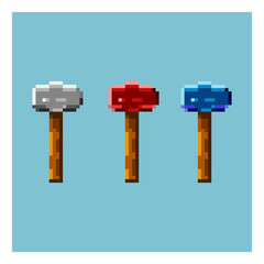 Poster - Pixel art sets of  hammers tool with variation color items asset.  white,red,and blue hammer on pixelated style.8bits perfect for game asset or design asset element for your game design asset.