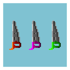 Poster - Pixel art sets of saw tools with variation color items asset. red,purple,and green saw for tools on pixelated style.8bits perfect for game asset or design asset element for your game design asset.