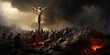 Jesus is nailed to a cross atop a hill, with a dark and cloudy sky in the background, generative AI