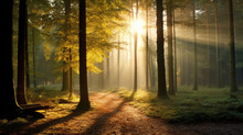 Panoramic Background Image Of Beautiful Sunny Forest In Autumn With Sunbeams Through Fog