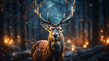 Christmas Reindeer On Snow Forest Background.