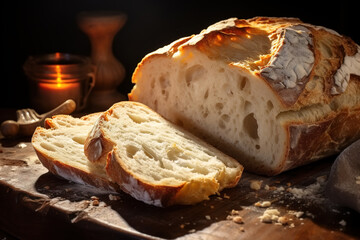 Close-up of freshly baked bread cut into pieces on a wooden board indoors