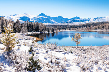 Wall Mural - Kidelu lake in Altai mountains, Russia. Snow-covered trees and mountains.
