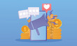 © K - Introducing the concept of friends People share information about making money with affiliate referrals..on blue background.Vector Design Illustration.