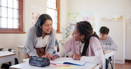 Aufkleber - classroom, student and teacher with help, speaking and teaching with conversation, lesson and educat