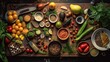 a wooden cutting board topped with lots of different types food and vegetables