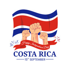 Wall Mural - Costa Rica Independence Day for greeting card with clenched fist, fireworks and ribbon