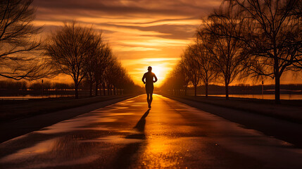 Silhouette of a man running on road at evening sunset. Back view of athlete runner jogging on road at sunset with sun in the background. Health activities