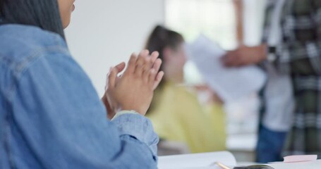 Aufkleber - Classroom presentation, hands or audience applause for student group motivation, success congratulations or support. Closeup, high school education or crowd clapping for teacher, speaker or presenter
