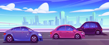 City Road Street And Car Traffic Vector Background. Skyscraper Cityscape Cartoon Panorama With Cloud And Building Silhouette On Sunny River Coastline. Urban Embankment Speedway For Game Wallpaper