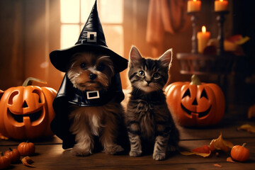 A dog and a cat in fancy costume with jack o'lantern pumpkin and Halloween decorations, adorable pet in Halloween.