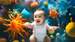 © catalin - a joyful infant surrounded by a diverse array of colorful bacteria. The vibrant microbes symbolize the complex gut microbiome that has been scientifically linked to eczema