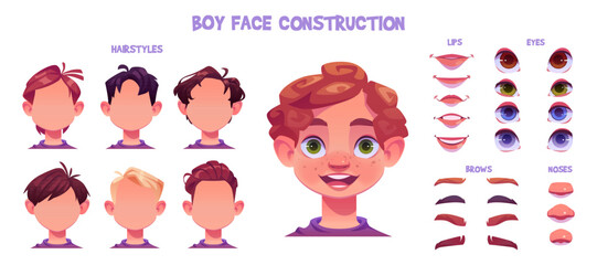 Kid boy face construction kit. Cartoon facial parts for creation child avatar with different noses, eyes and brows, hairstyles. Vector illustration of caucasian skin head elements for face generator.