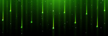 Green star or comet shower rain space background. Color meteor fall with glitter dust and sparkle. Magic luxury award curtain with firework particle. Meteorite falling tail effect glamour illustration