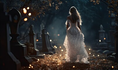 Photo of a woman in a white dress walking through a cemetery