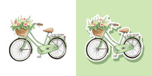 Vector Watercolor Bicycle With A Basket Full Of Flowers. Trendy Romantic Vintage Sticker Isolated On White Background	