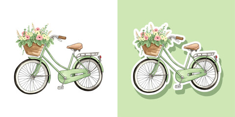 Vector watercolor Bicycle with a basket full of flowers. Trendy romantic vintage sticker isolated on white background	