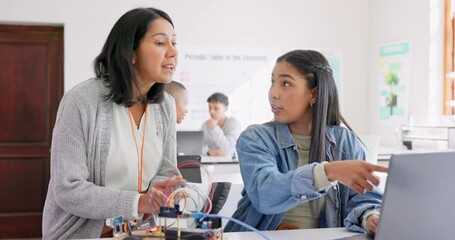 Leinwandbilder - Learning, teacher and high five of student on laptop in classroom, achievement or goal in robotics. Engineering, computer and teenager celebrate success, happy girl and study education at high school