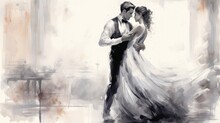 Woman In A Dresswoman Dancing In The Night. Beautiful Graphic Of Man And Woman In Elegant Dancing Couple. Ink Painting In Black, White And Orange. Cartoon Vector Illustration