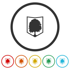 Poster - Tree shield logo. Set icons in color circle buttons