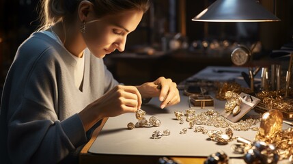 A woman crafting intricate gold jewelry