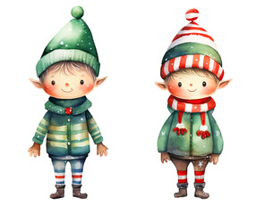 Wall Mural - Christmas cute elves on white background, Set of Watercolor xmas elves isolated on transparent background, elves fun characters isolated for banner, flayer, poster, story book, fairy tail, invitation