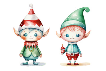 Wall Mural - Christmas cute elves on transparent background, Set of Watercolor xmas elves isolated on white background, elves fun characters isolated, banner, flayer, leaflet, poster